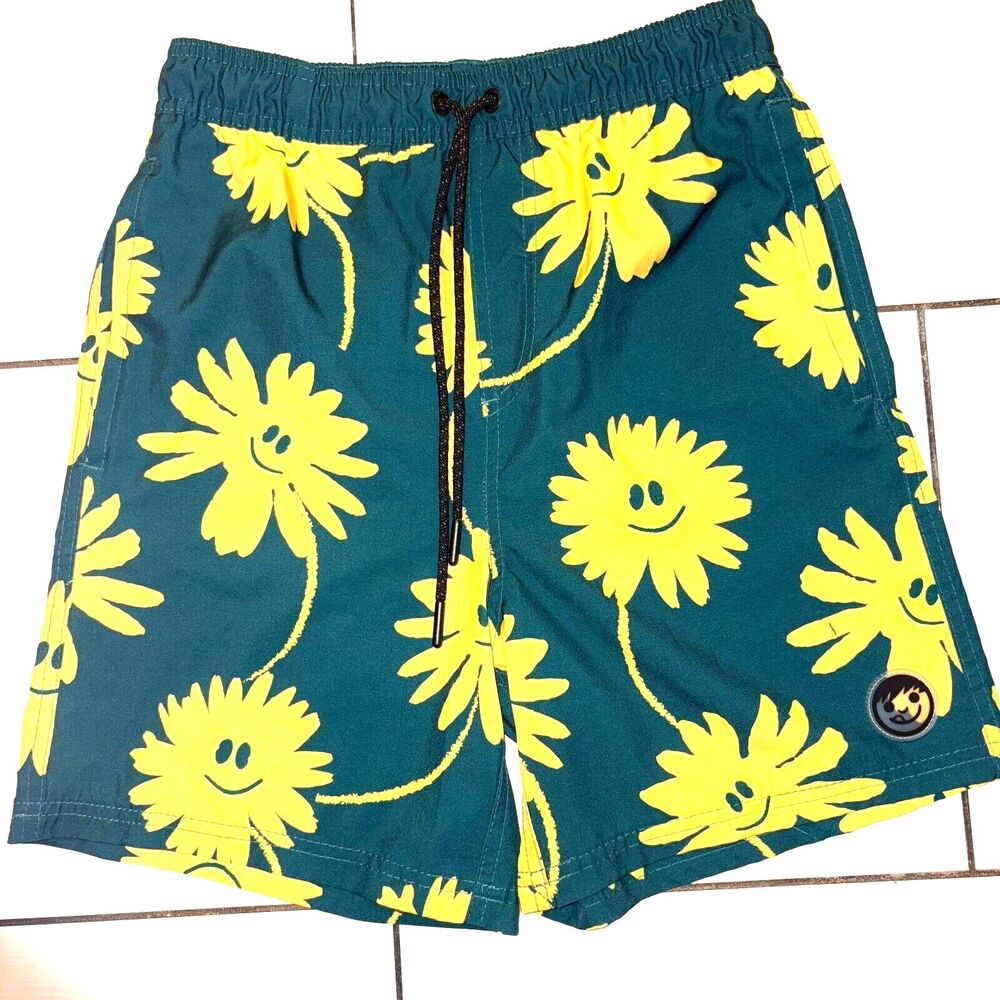 Neff New Swim Trunks Smiley Daisy Flower, Men's Sz M, Green & Yellow